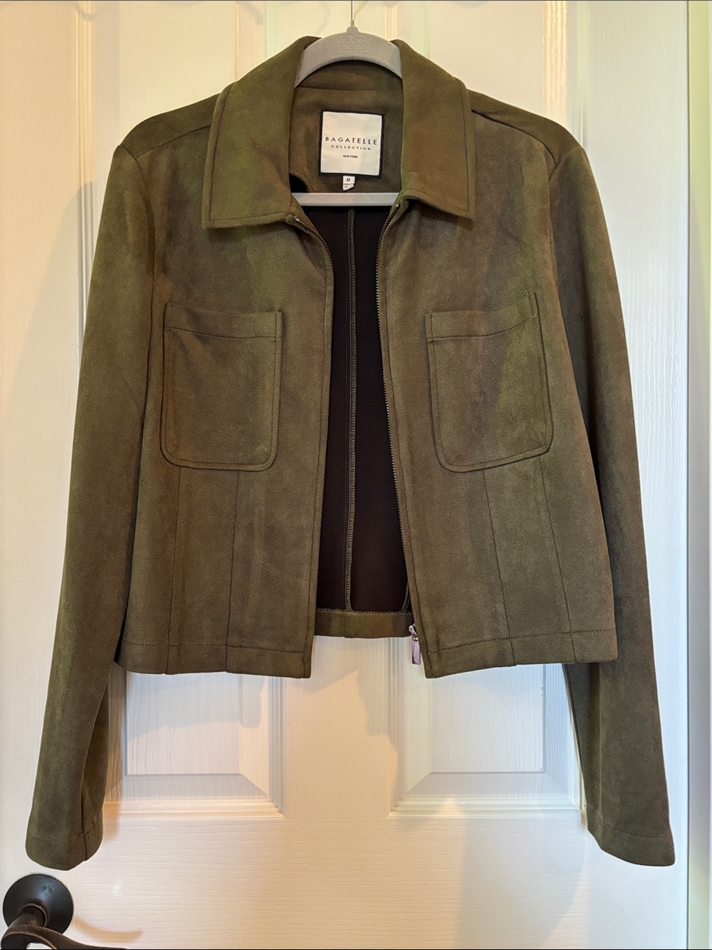 bagatelle Olive Faux Suede Zip Jacket with Patch Pockets
